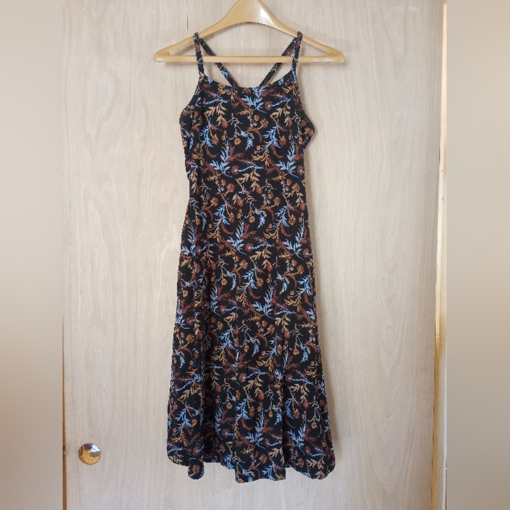 Pact Black Fit & Flare Midi Dress with Blue and Brown Floral Print